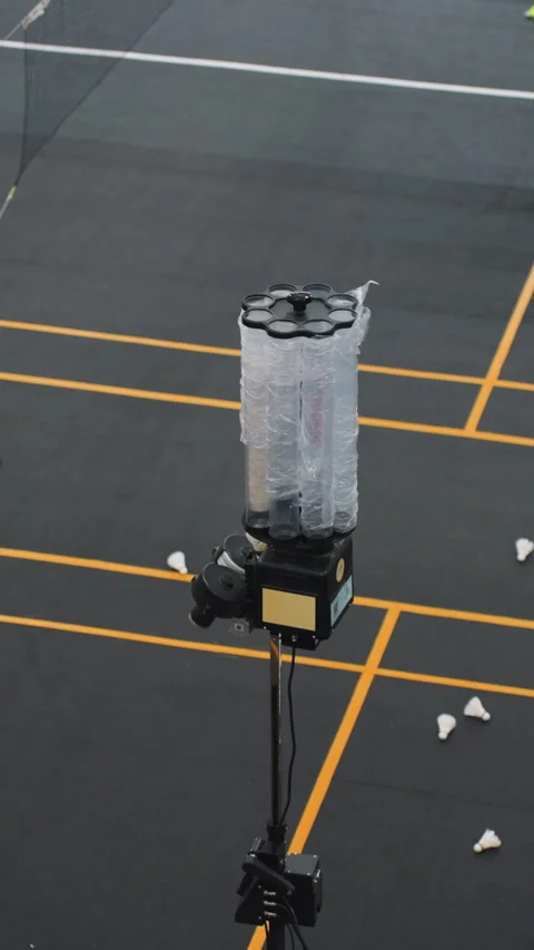 Tripodmounted robot launching shuttlecocks on court. Robotic shuttlecock machine Stock Footage 335950222