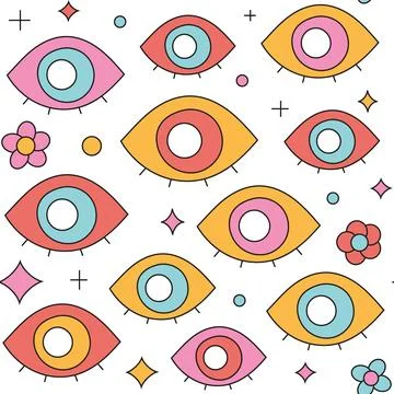 Trippy eye seamless pattern. Groovy abstract retro background. Bright Stock Illustration