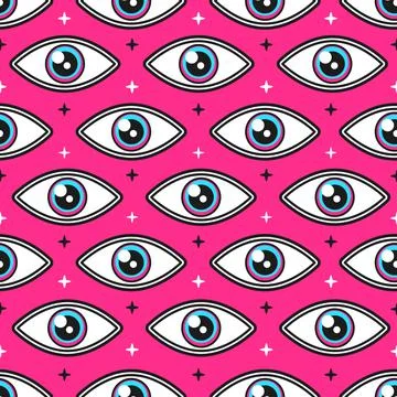 Trippy eye seamless pattern. Vector hand drawn doodle style cartoon background Illustrazione stock