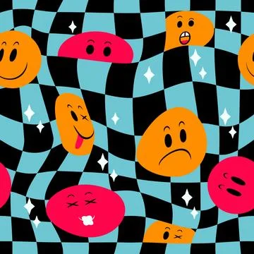 Trippy geometry pattern, smile faces. Abstract 90s crazy check, fun 60s or .. Stock Illustration