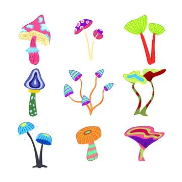Trippy mushroom set cartoon vector illustration Stock Illustration