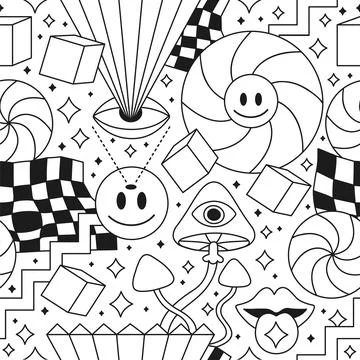 Trippy psychedelic geometry coloring page seamless pattern.Vector crazy cartoon Illustrazione stock