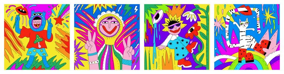 Trippy psychedelic poster. Acid patch. Groovy funky background. Surreal geome 스톡 일러스트