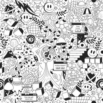 Trippy psychedelic seamless pattern.Vector crazy doodle character illustration Illustrazione stock