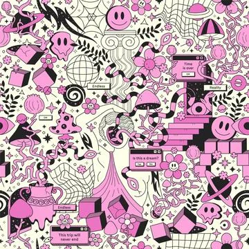 Trippy psychedelic seamless pattern.Vector crazy doodle character illustration Illustrazione stock