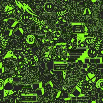 Trippy psychedelic seamless pattern.Vector crazy doodle character illustration Stock Illustration