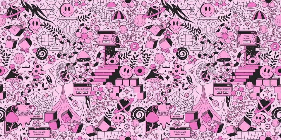 Trippy psychedelic seamless pattern.Vector crazy doodle character illustration Stock Illustration