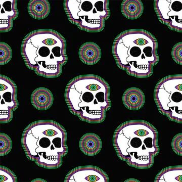 Trippy skull with open third eye seamless pattern. Vector hand drawn 60s,70s Stock Illustration