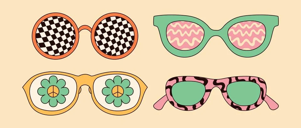 Trippy sunglasses with psychedelic designs. Vector graphics isolated on whi.. Stock Illustration