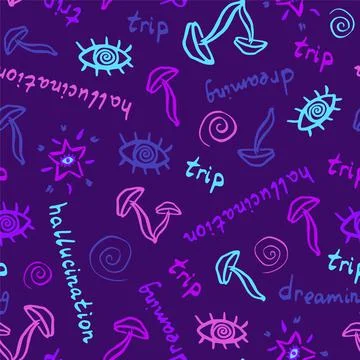 Trippy vector seamless pattern with mushrooms eyes Stock Illustration