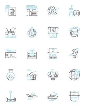 Trips linear icons set. Adventure, Safari, Excursion, Expedition, Trek, Road Stock Illustration