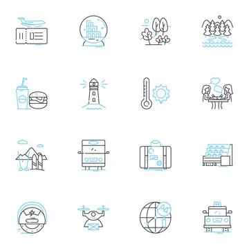 Trips linear icons set. Adventure, Safari, Excursion, Expedition, Trek, Road Stock Illustration