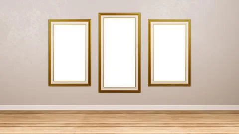 Triptych of Classic Rectangular Empty Golden Picture Frame at the Wall Stock Illustration