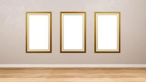 Triptych of Classic Rectangular Empty Golden Picture Frame at the Wall Stock Illustration