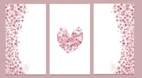 Triptych of frames and heart with delicate pink flowers. Watercolor illustrat Illustrazione stock