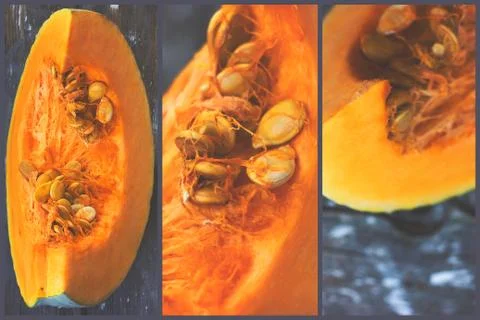 Triptych - raw pumpkin slice on wooden background; kitchen decoration 库存照片