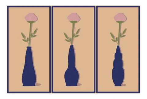 Triptych. Roses in blue vases. Vector illustration Stock Illustration