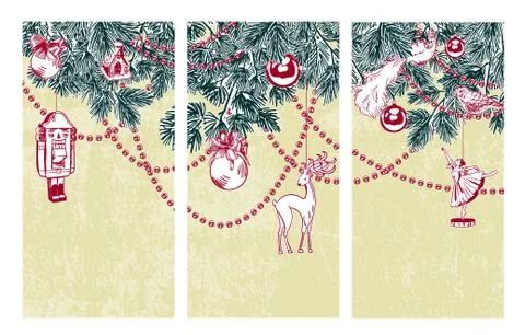 Triptych set vector card christmas sketch nutcracker ballerina Stock Illustration