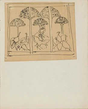 Triptych with trees and birds. Leaf 8 Recto from an album with 17 sheets. ... Stock Photos