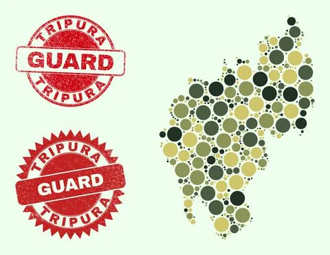 Tripura State Map Composition with Khaki Military Circle Elements with Distress Stock Illustration