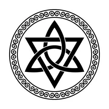 Triquetra with triangle, triangular Celtic knot in circular spiral frame Stock Illustration