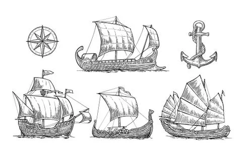 Trireme, caravel, drakkar, junk. Set sailing ships floating sea waves. Illustrazione stock