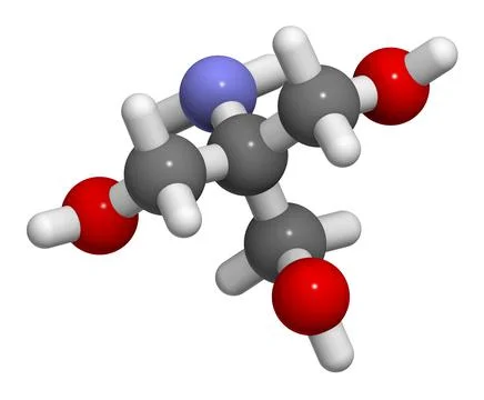 Tris buffering agent molecule. Also known as tromethamine. 3D rendering. Stock Illustration