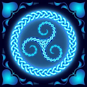 Triskelion. Ancient pagan pattern, circular ornament, neon light. Stock Illustration