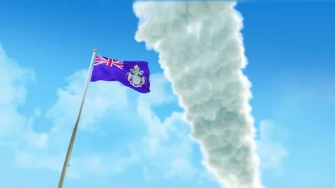 Tristan da Cunha Flag 3D Render Animation on Pole with Fighter Jets Smoke Tr Video stock 333338028