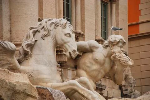 Triton Blowing Conch Shell and Horse Statue, Trevi Fountain Stock Photos