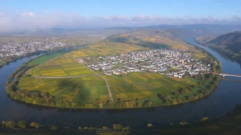 Trittenheim, Moselle Valley with loop of Mosel river, aerial view, riesling Stock Footage 337047675