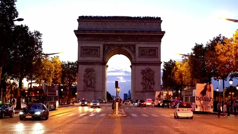 Triumph Arch in Paris evening view - CITY OF PARIS, FRANCE - SEPTEMBER 04, 2023 Stock Footage 253796556