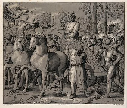 The triumph of David. Colour lithograph by L. Gruner after N. Consoni after.. Stock Illustration