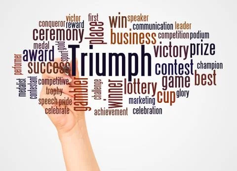 Triumph word cloud and hand with marker concept Stock Photos