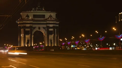 Triumphal arc of Moscow in the night Stock Footage