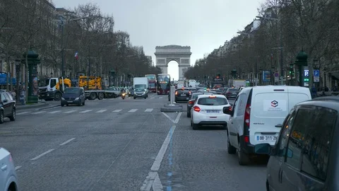 Triumphal Arch. Arc de Triomphe. Champs-Elysees. Paris, France. City Traffic Stock Footage 128885701