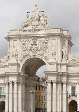 Triumphal arch in commerce square in Lisbon Stock Photos