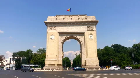 The Triumphal Arch Monument. Arcul de Triumf. Bucharest, Romania. Stock Footage 254147666