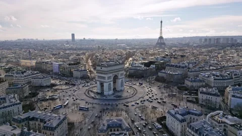 Triumphal arch or Arc de Triomphe with Tour Eiffel and Montparnasse tower Stock Footage 267064905
