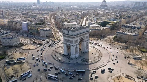 Triumphal arch or Arc de Triomphe, Paris cityscape, France. Aerial drone Stock Footage 267660733