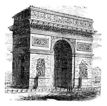 Triumphal Arch or Arc de Triomphe, Paris, France. Vintage engraving. Illustrazione stock