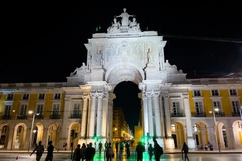 The Triumphal Arch of Praça do Comércio in Lisbon at night Stock Photos
