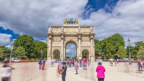 Triumphal Arch timelapse hyperlapse at Tuileries gardens in Paris, France. Stock Footage