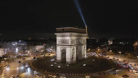 Triumphal Arch with Tour Eiffel illuminated in background, Paris by night, Stock Footage 268784092