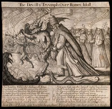 A triumphal procession: the devil leads the Pope as his captive towards hel.. Stock Illustration