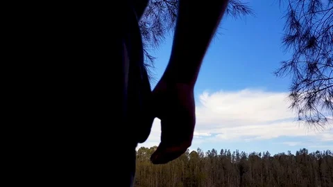 Triumphant pose overlooking a forest Stock Footage 86881216