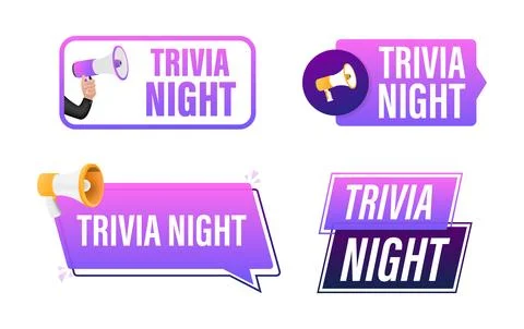 Trivia night text with Megaphone label set. Megaphone in hand promotion banner Stock Illustration