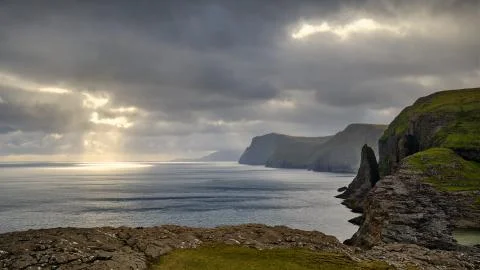 Trlanpan view and huge cliffs, Faroe Islands Stock Photos