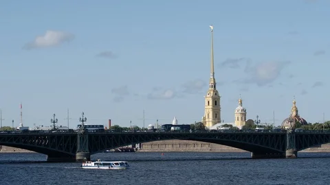 The Troitsky bridge and Peter and Paul Fortress in the summer Stock Footage 119940894