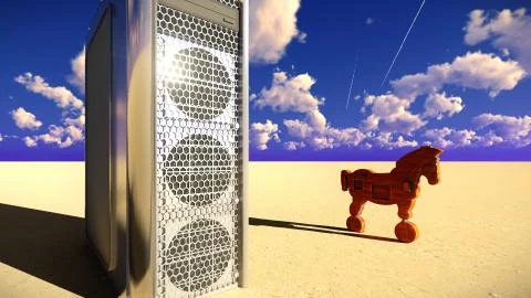 Trojan horse and computer 3d illustration Illustrazione stock
